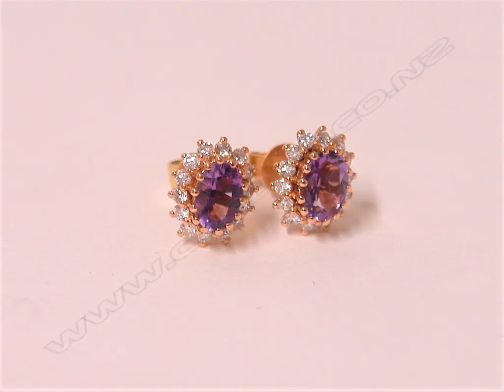 A pair of modern 18ct. rose gold amethyst and diamond earrings Image 1++