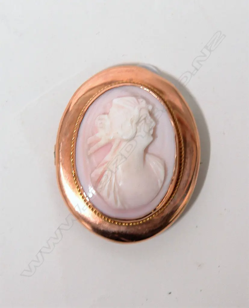 A c.1900 9ct. rose gold framed pink and white shell portrait cameo brooch Image 1++
