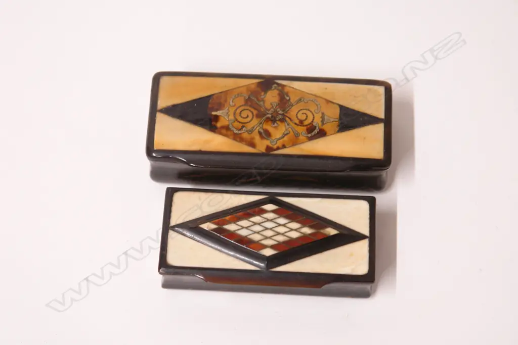 Two George III inlaid horn snuff boxes Image 1++