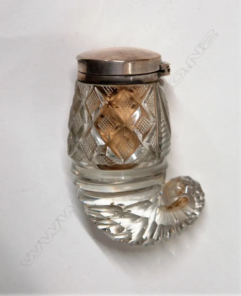 A George IV silver topped cut crystal ram's horn shaped snuff mull Image 1++