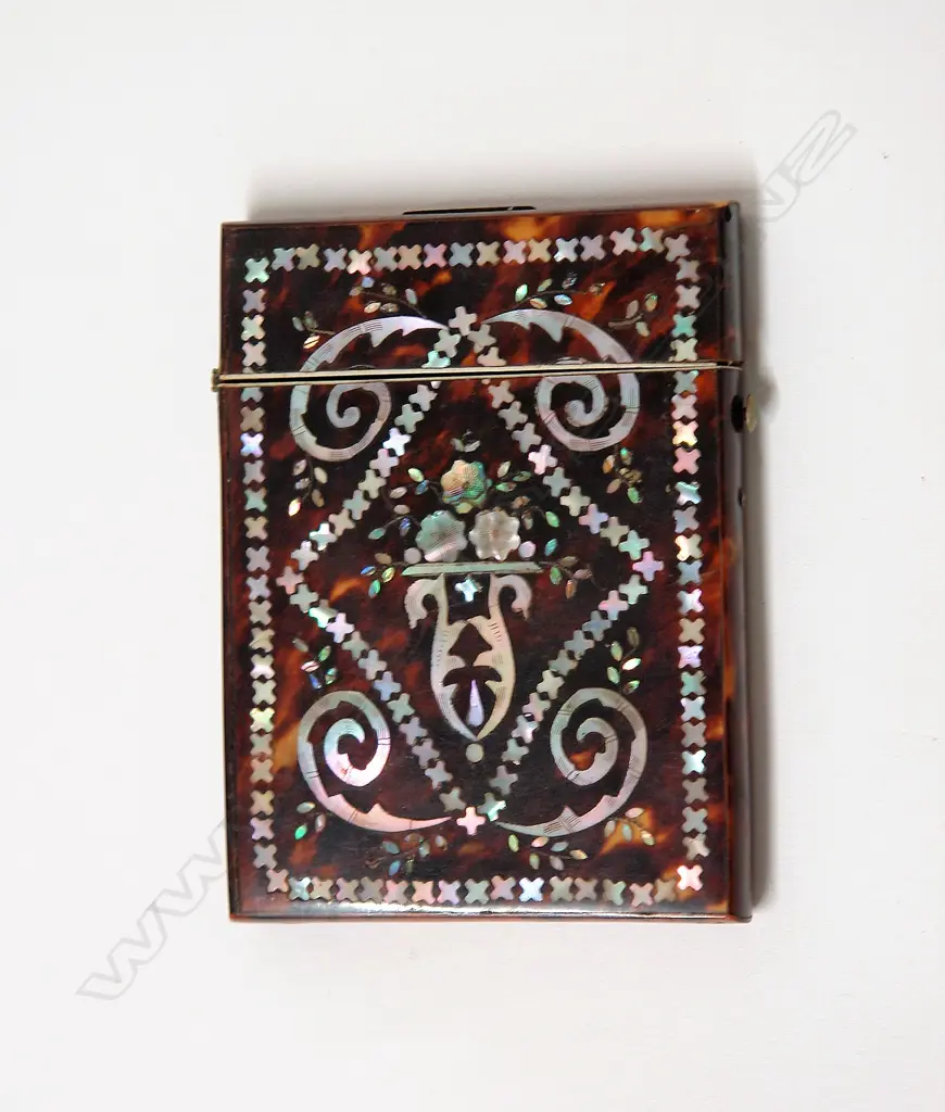 A 19thC tortoiseshell ornately inlaid card case Image 1++