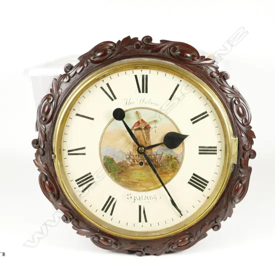 A 19thC mahogany fusée wall clock with leaf and scroll carved decoration