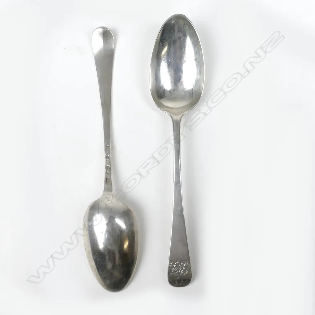 A pair of George II period bottom marked old English silver tablespoons Image 1++