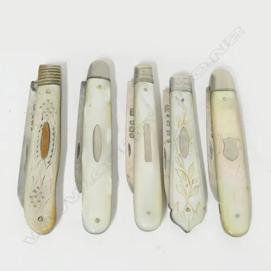 A collection of five mother-of-pearl and silver folding fruit knives