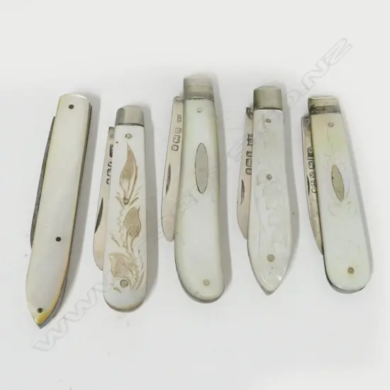 A collection of five mother-of-pearl and silver folding fruit knives