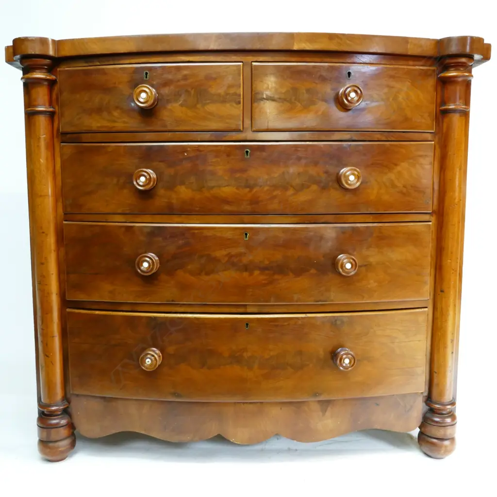 A Victorian mahogany bowfront five-drawer chest of drawers Image 1++