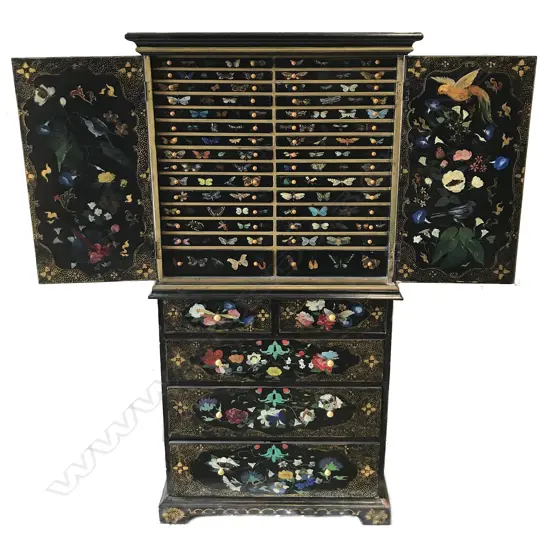 An early 1900s black japanned polychrome and gilt decorated collector's cabinet