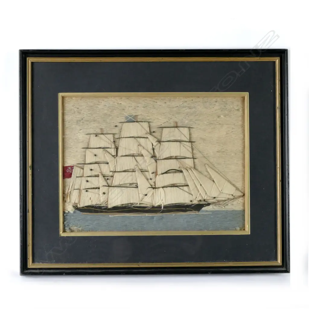 A 19thC sailor's woolwork picture of a British sailing ship Image 1++