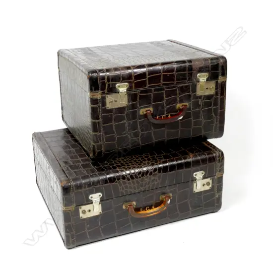 Two vintage leather faux alligator hide suitcases