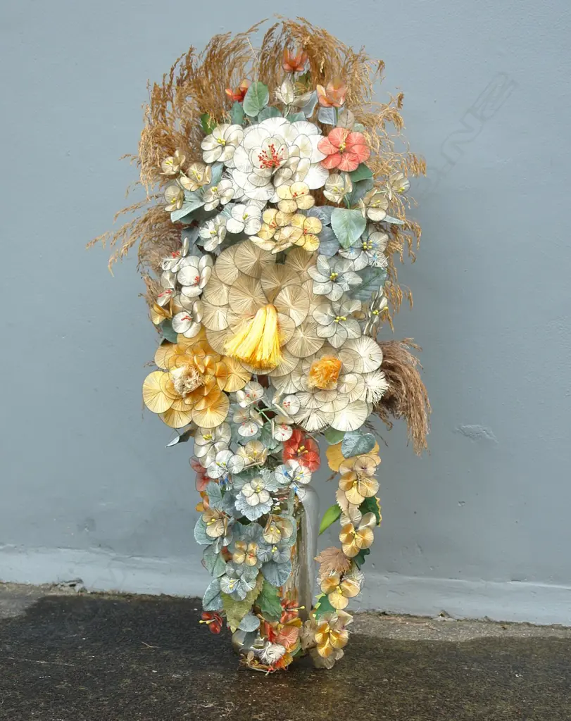 A large early 20thC woven silk floral display in a mercury glass vase Image 1++