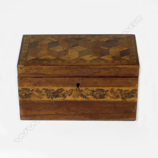 A parquetry and Tunbridge inlay tea caddy