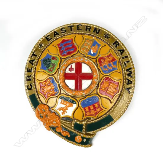 A vintage painted cast iron Great Eastern Railway carriage shield