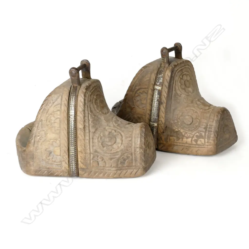 A pair of 19thC Chilean or Peruvian carved wooden stirrups Image 1++