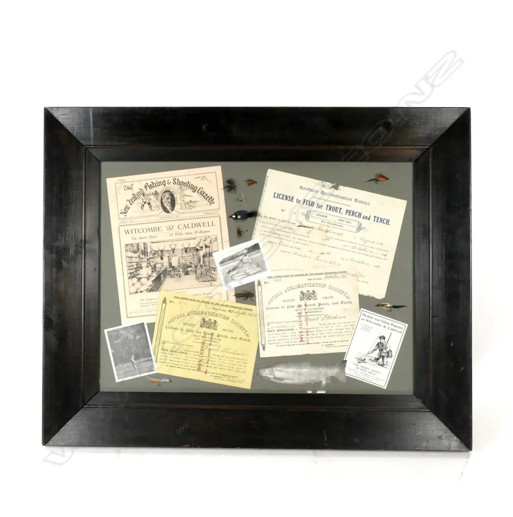 A framed and glazed display of NZ angling ephemera 1918-1927 Image 1++