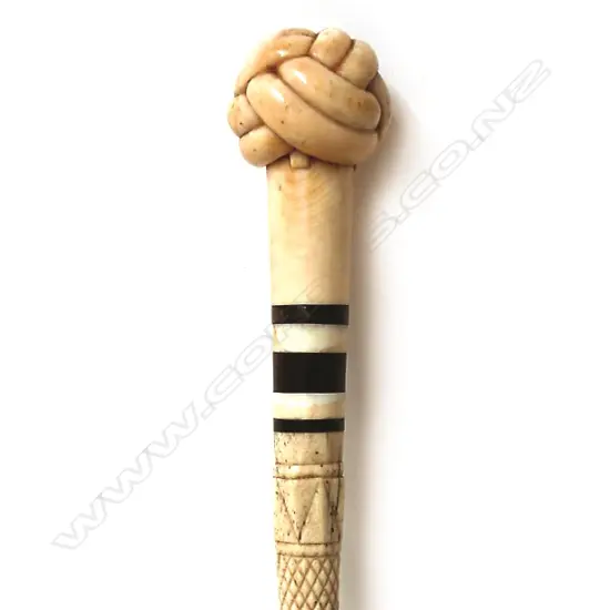 A quality 19thC marine ivory and whalebone carved Turk's Knot walking stick