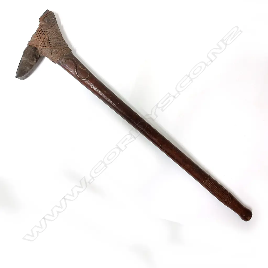 An old Maori/Pacific carved wood and stone hafted adze (toki poutangata) Image 1++