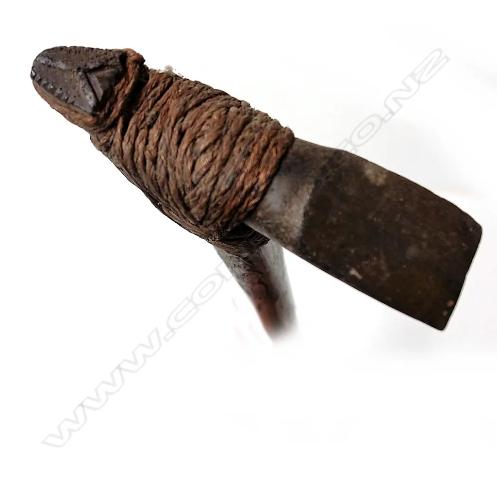 An old Maori/Pacific carved wood and stone hafted adze (toki poutangata) Image 1++