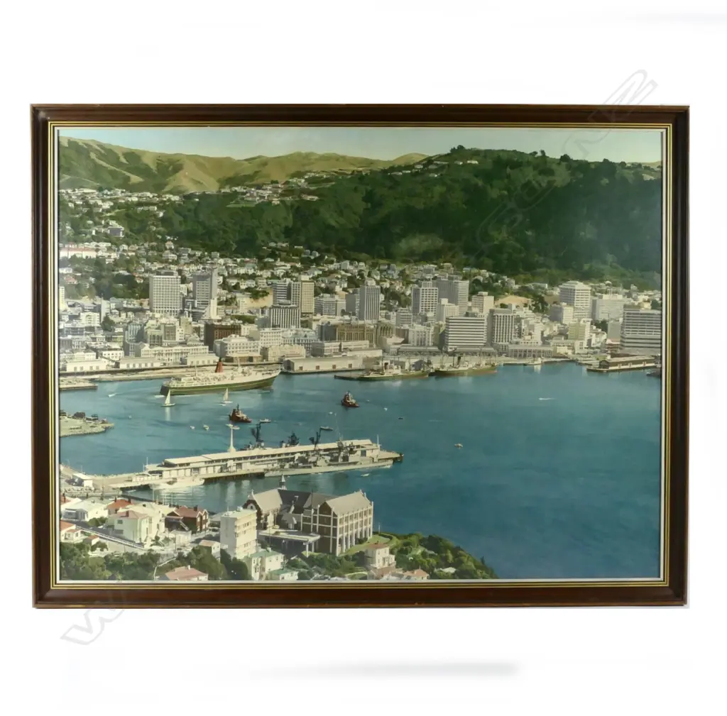 A large hand-coloured photograph of Wellington harbour from Mount Victoria Image 1++