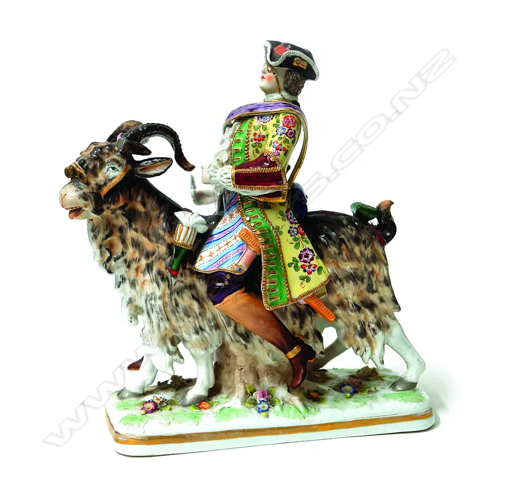 A late 18hC German Carl Theodore Frankenthal porcelain figure 'Count Bruhl's Tailor on a Goat' Image 1++