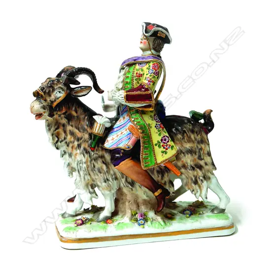 A late 18hC German Carl Theodore Frankenthal porcelain figure 'Count Bruhl's Tailor on a Goat'