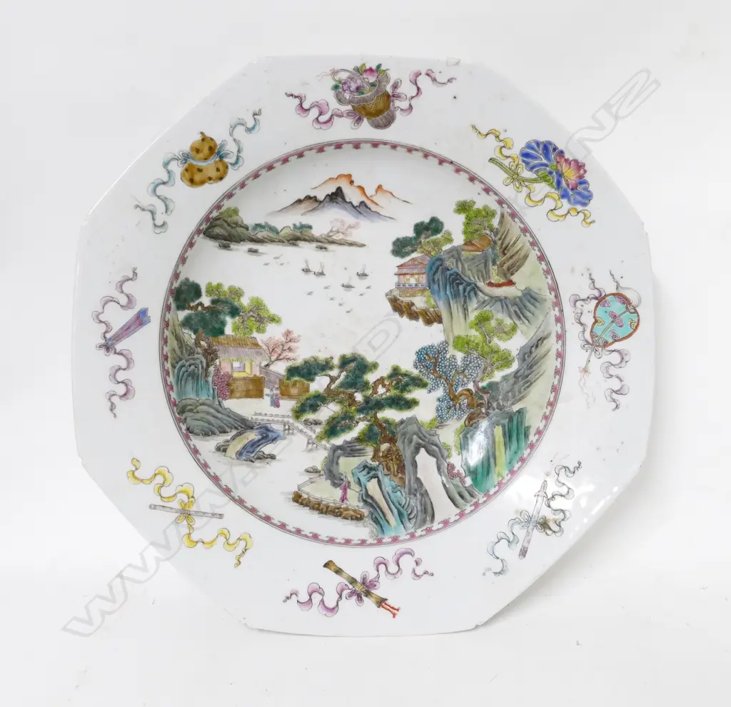 A large Chinese octagonal shaped porcelain bowl with a circular well Image 1++