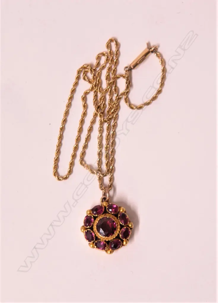 A 19thC 18ct. yellow gold and almandine garnet set pendant on gold chain Image 1++