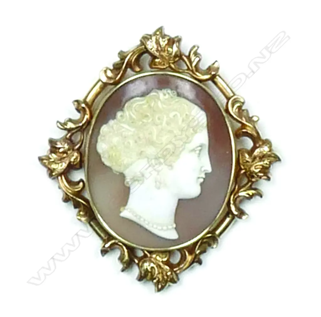 A 19thC 9ct. yellow gold fancy framed carved cameo pendant/brooch Image 1++