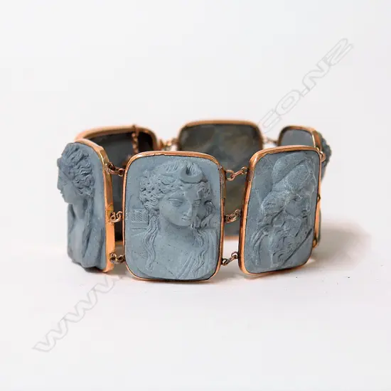 A 19thC carved cameo portrait panelled and gold bracelet