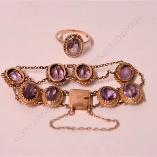 A c.1900 9ct. yellow gold and amethyst bracelet and matching ring