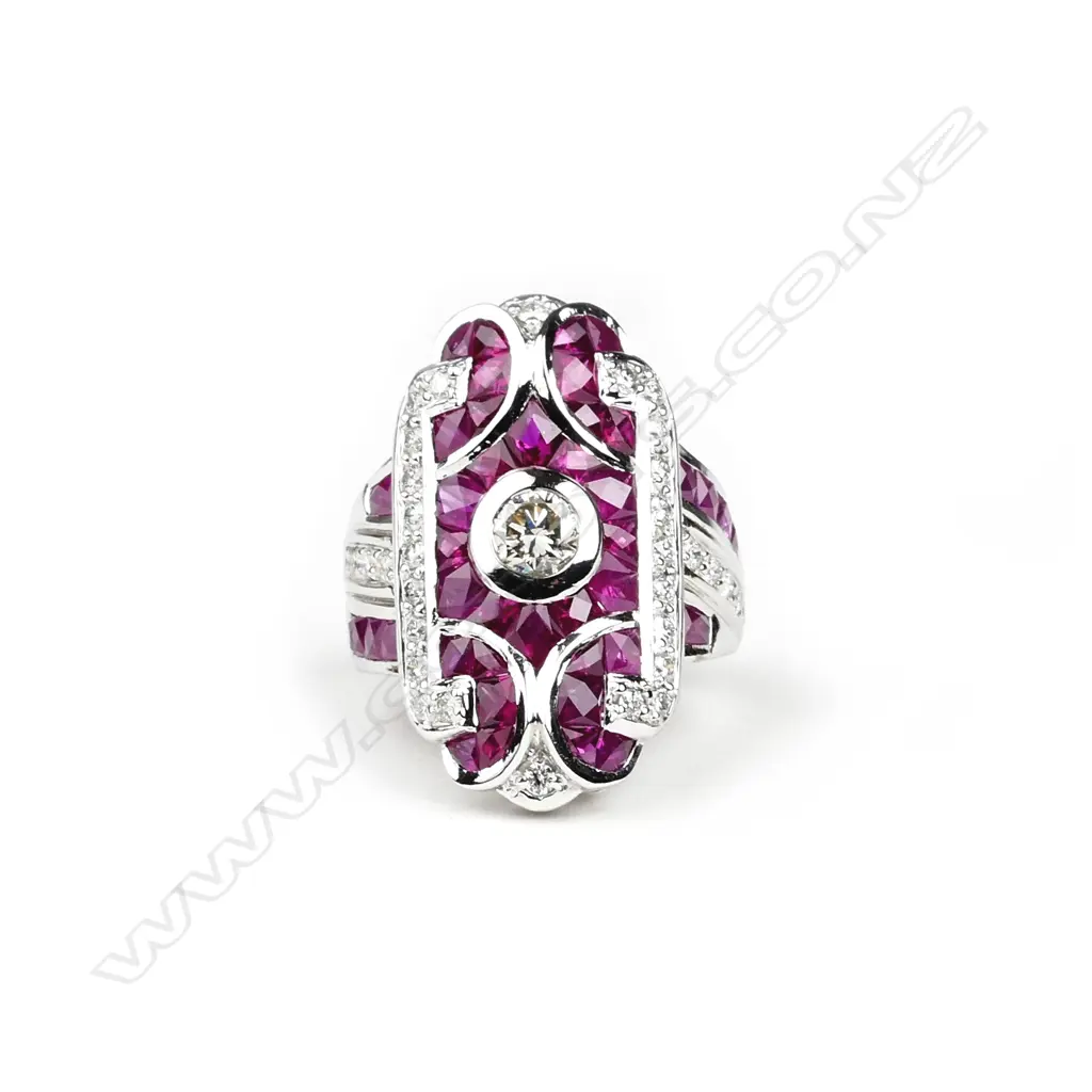 An impressive modern Art Deco-style 18ct. white gold ruby and diamond dress ring Image 1++