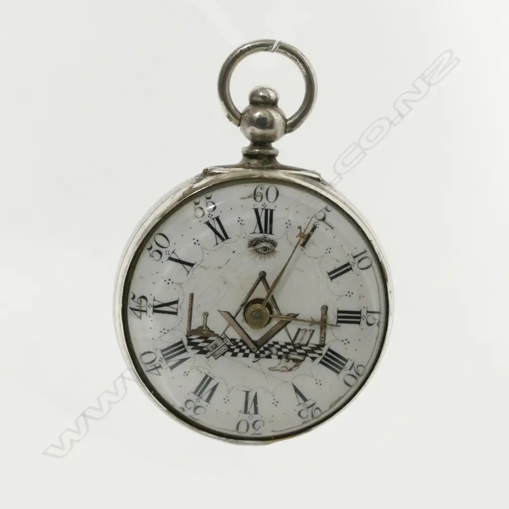 A rare 18thC Masonic silver pair cased verge pocket watch Image 1++
