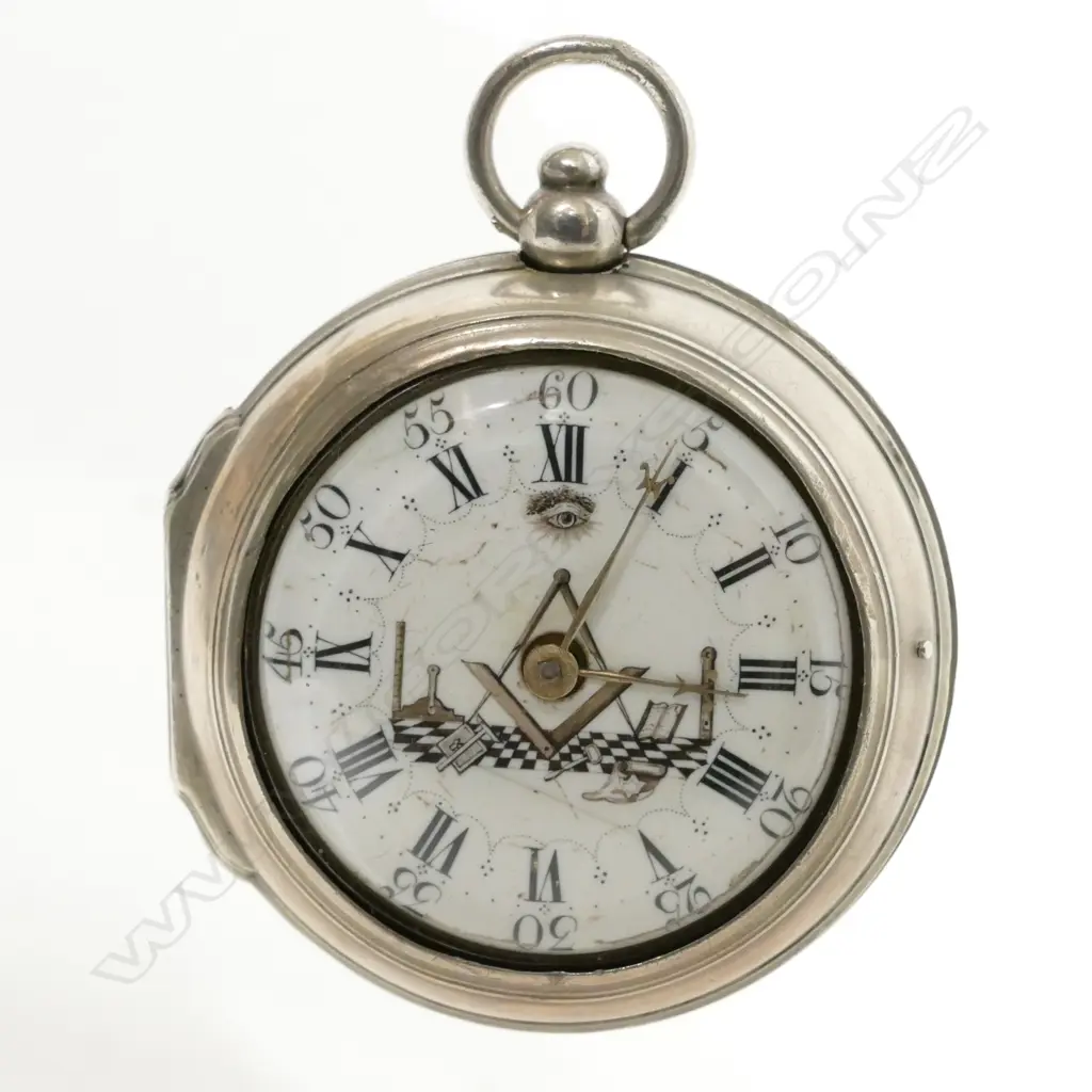A rare 18thC Masonic silver pair cased verge pocket watch Image 1++