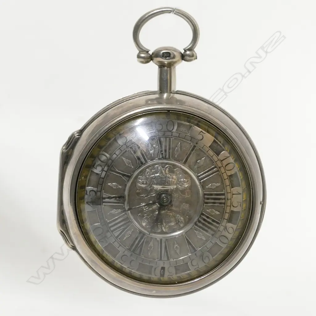 An 18thC silver pair cased verge pocket watch and chain Image 1++