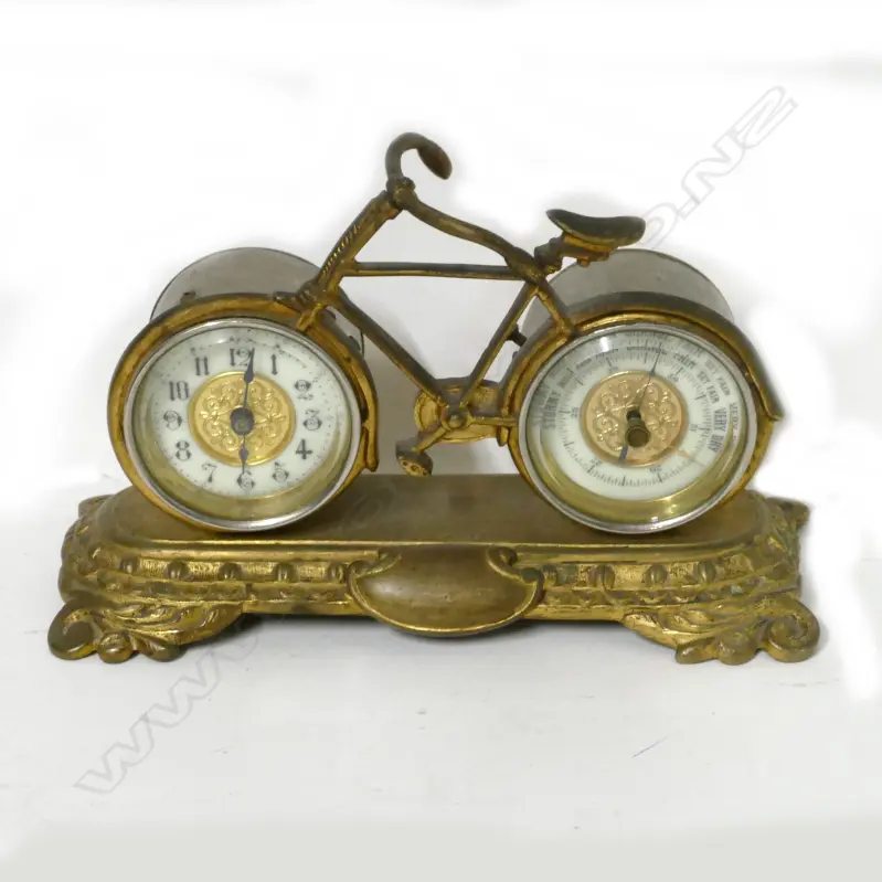 An Edwardian brass desk clock and barometer Image 1++