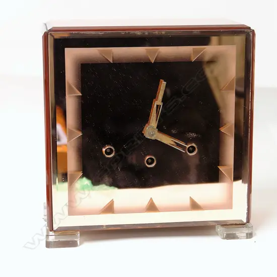 An English Art Deco mirrored peach glass Anvil mantel clock