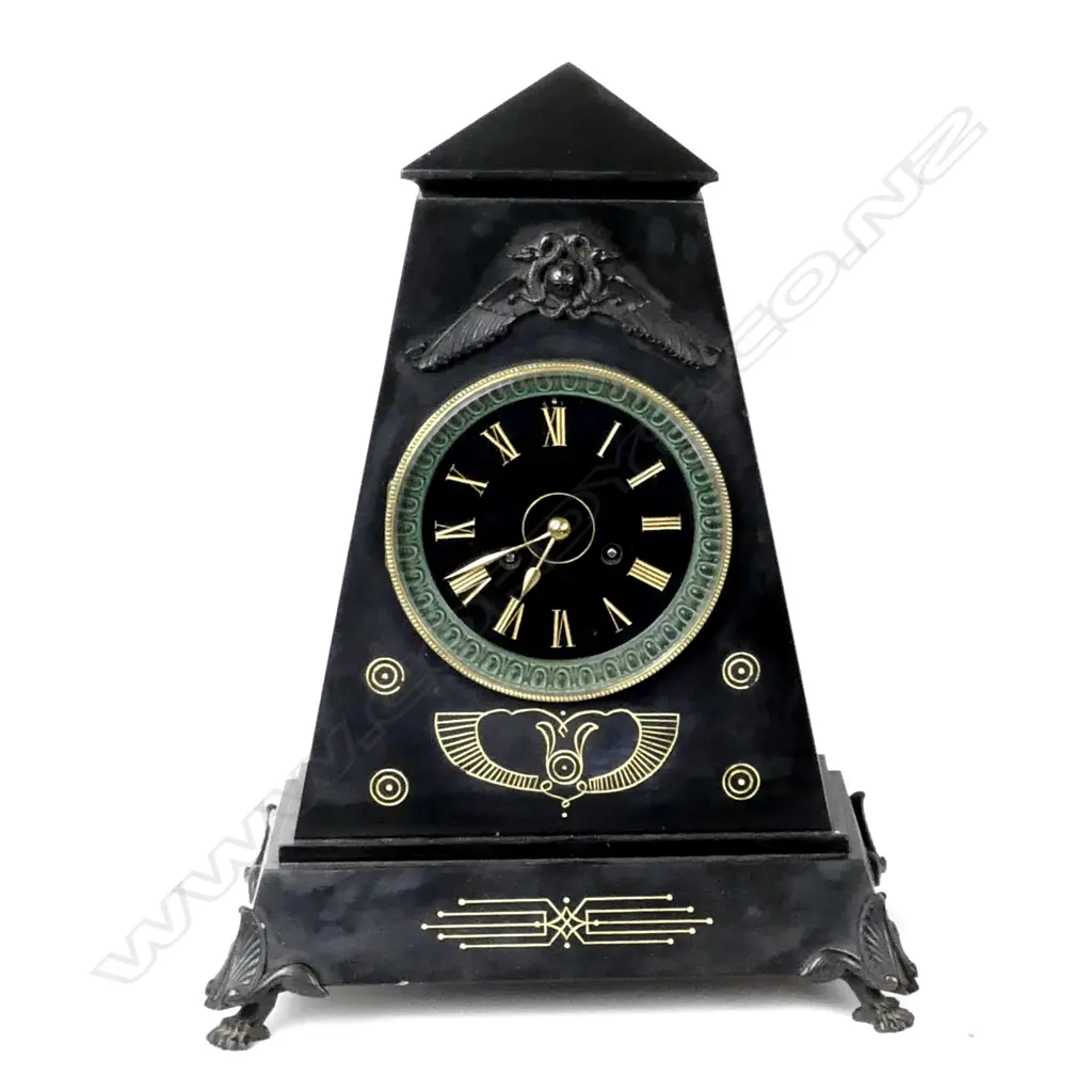 A fine quality 19thC French black slate Egyptian Revival mantel clock Image 1++