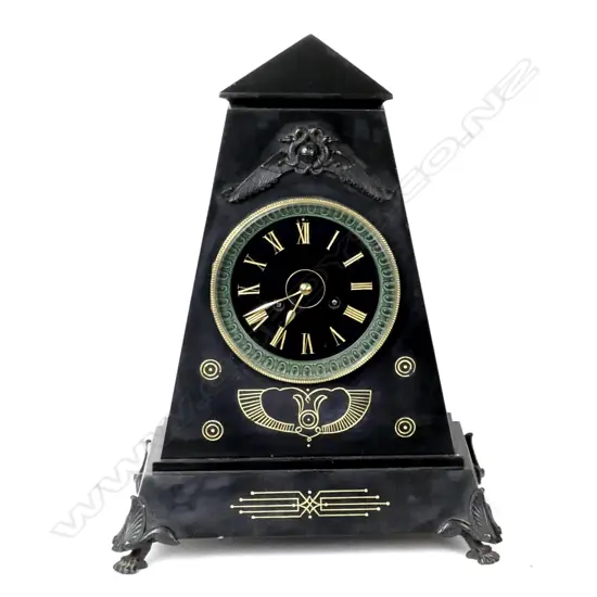 A fine quality 19thC French black slate Egyptian Revival mantel clock