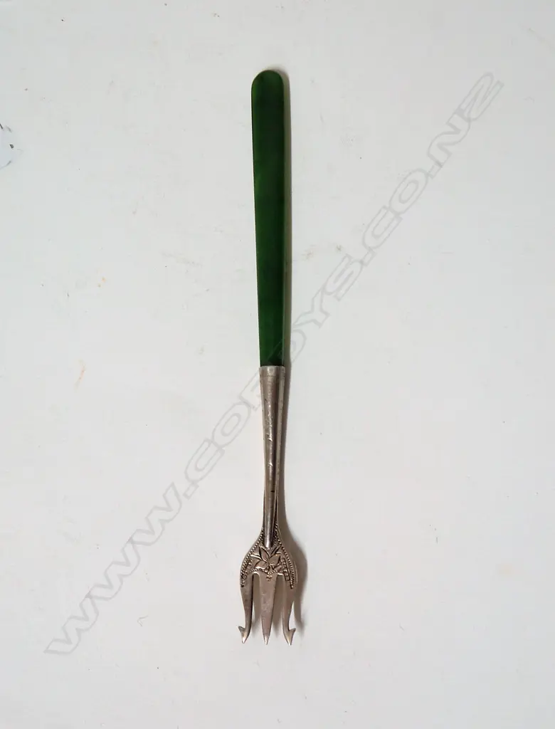 A N.Z. colonial silver and long greenstone handled pickle fork Image 1++