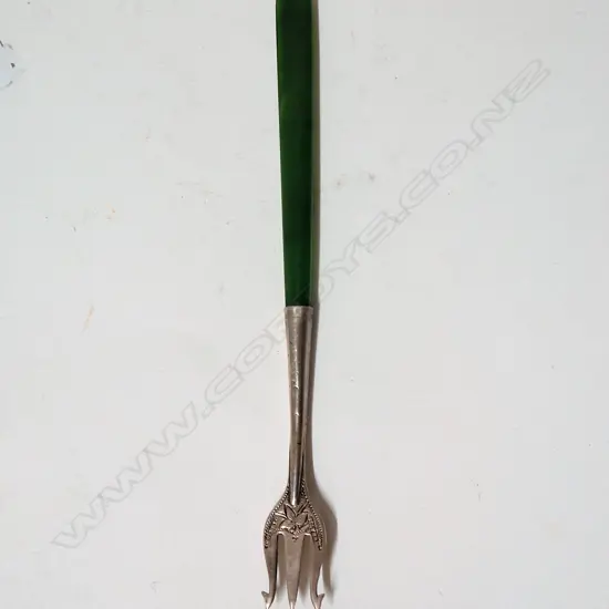 A N.Z. colonial silver and long greenstone handled pickle fork