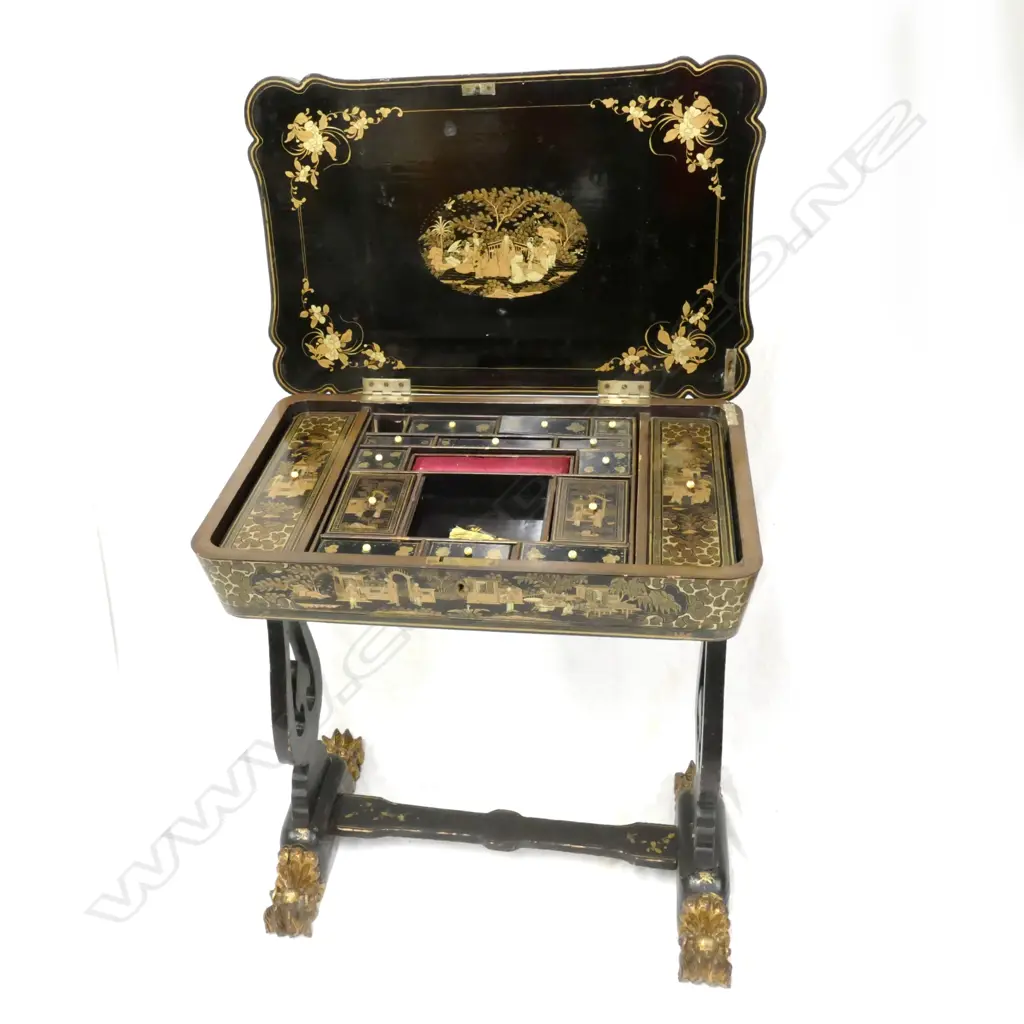 A 19thC chinoiserie lacquer sewing work table Image 1++