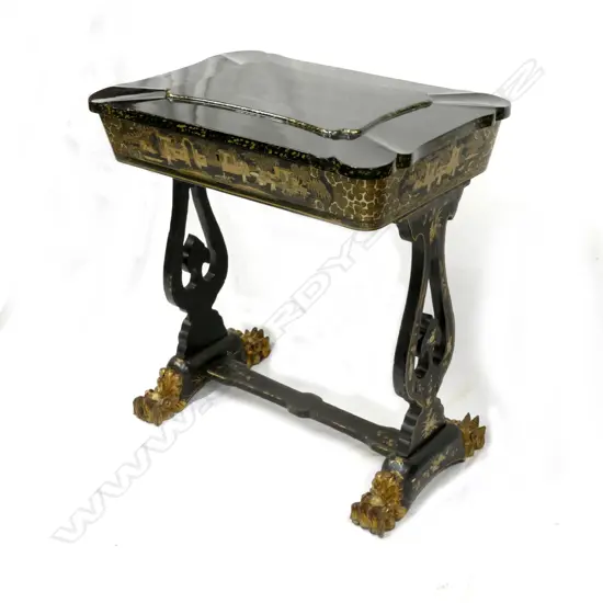 A 19thC chinoiserie lacquer sewing work table