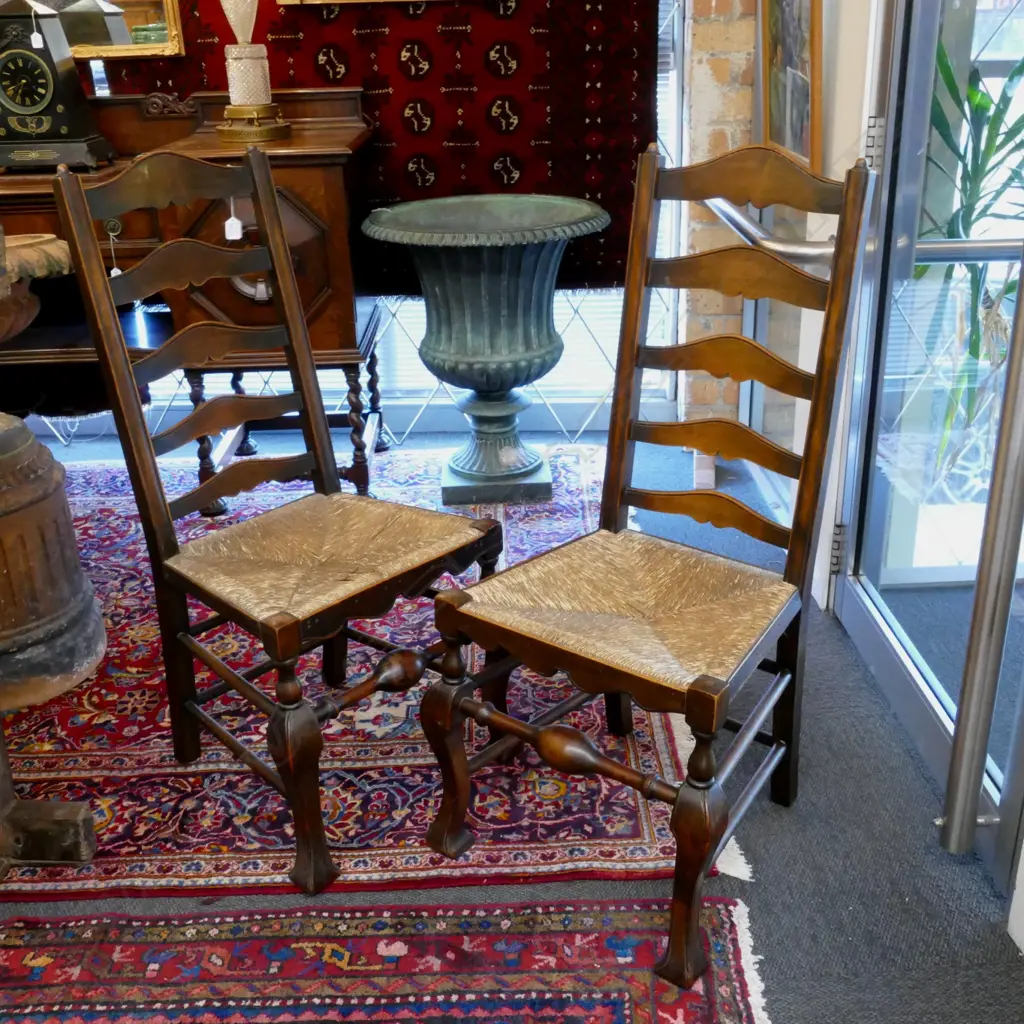 A pair of vintage beech Georgian style Lancashire ladder-back single chairs Image 1++