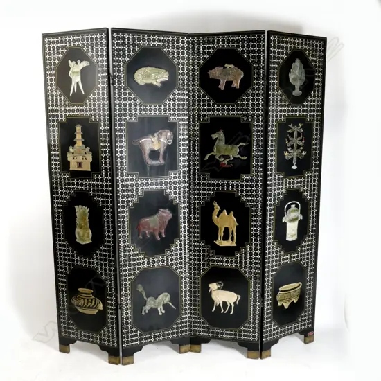 A Chinese lacquer and hardwood screen