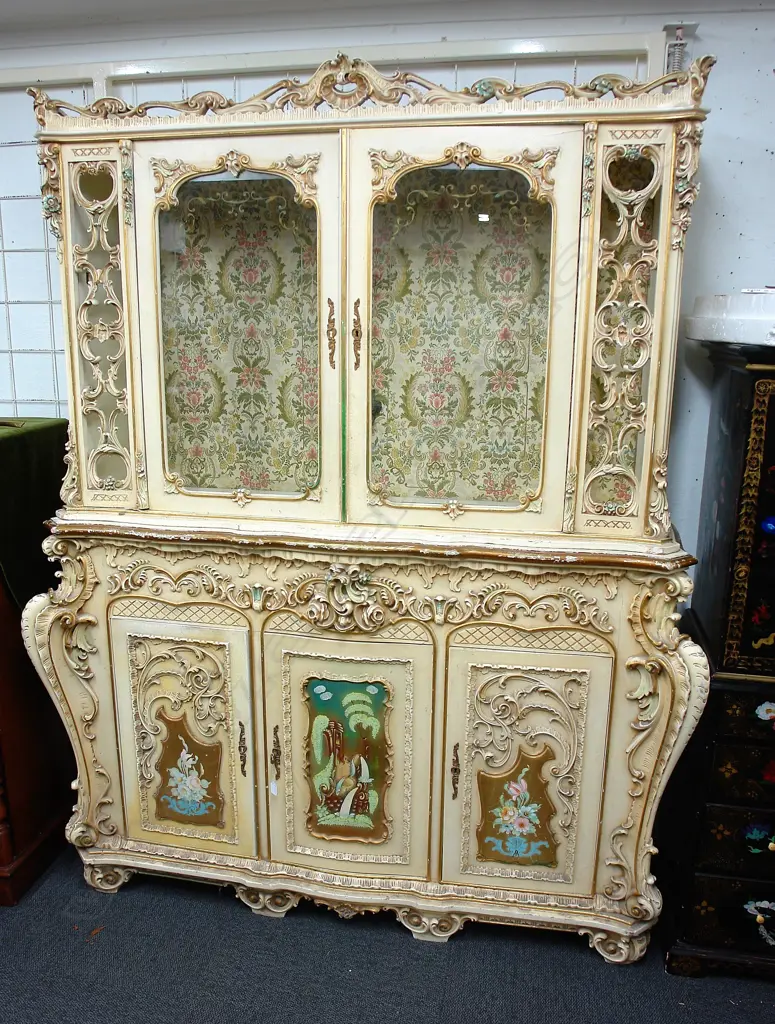 A mid-20thC highly ornate French-style rococo-style painted and gilded cabinet Image 1++
