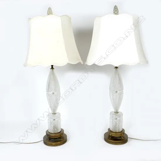 A pair of mid-century hobnail glass and brass table lamps