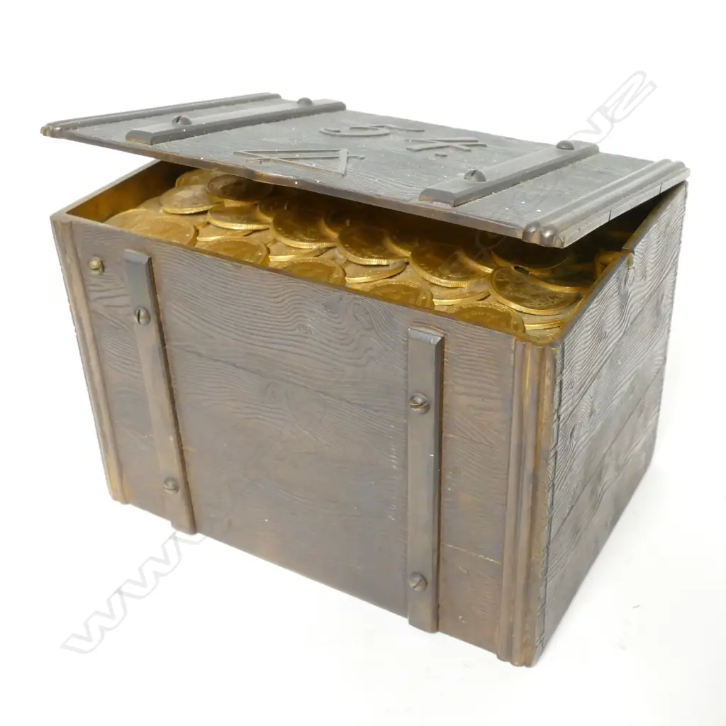 A cast metal box in the form of a wooden iron bound chest Image 1++