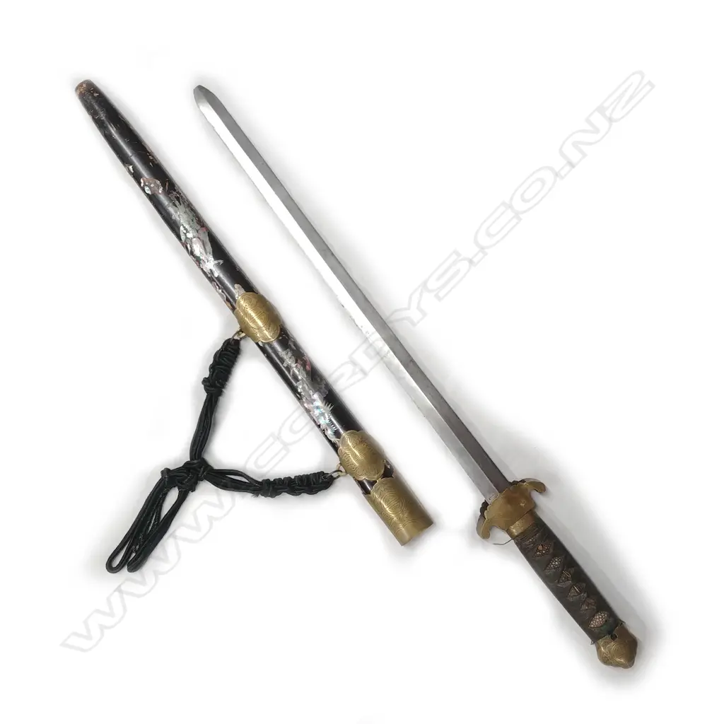 Chinese sword; Double edged Jian; cloth tape bound ray skin covered wood hilt with gold and bronze menuki Image 1++