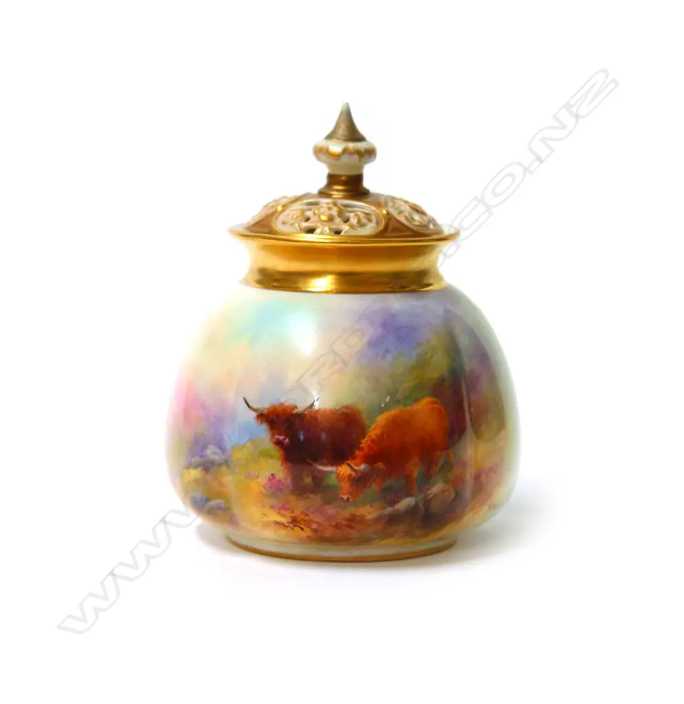 An early 20thC Royal Worcester Highland Cattle painted potpourri by Stinton Image 1++