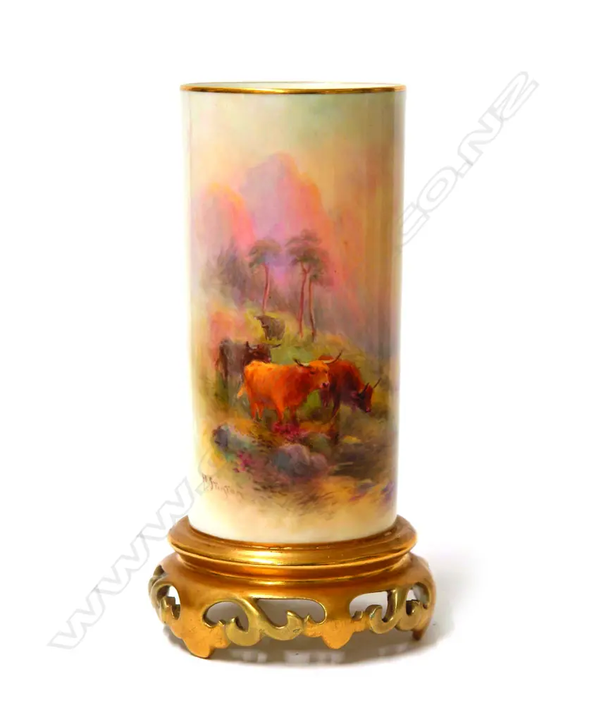 A 1930s Royal Worcester Highland Cattle painted cylinder vase by Harry Stinton Image 1++