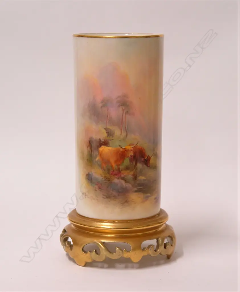 A 1930s Royal Worcester Highland Cattle painted cylinder vase by Harry Stinton Image 1++